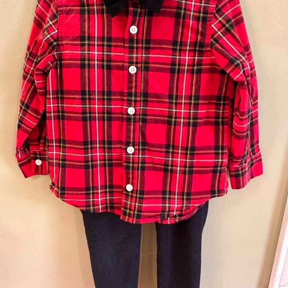 3T Red Plaid Toddler Boy Old Navy Button Up Shirt Bow Tie Zara Baby Pants Set